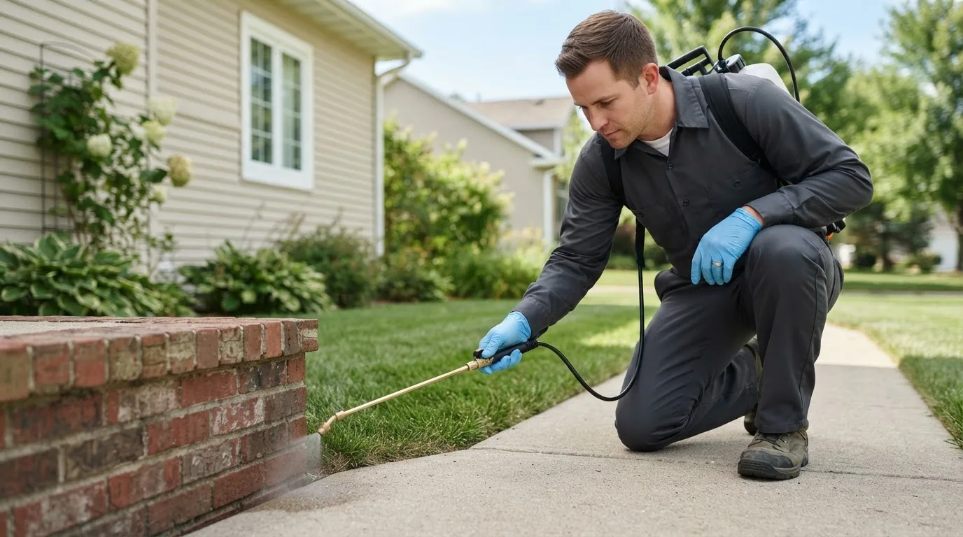 Pest control technician treating a home near Muir, MI