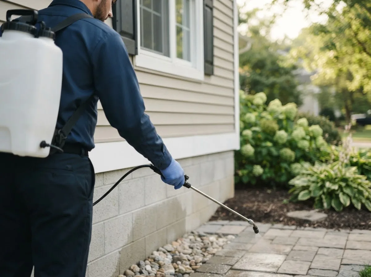 Pest control technician inspecting a home in Muir, MI